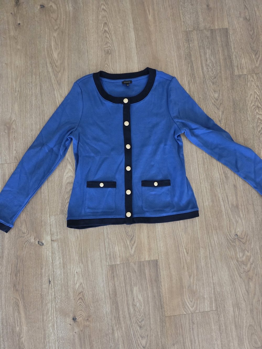 Talbots Royal Blue Cardigan with Navy Trim and Gold Buttons
